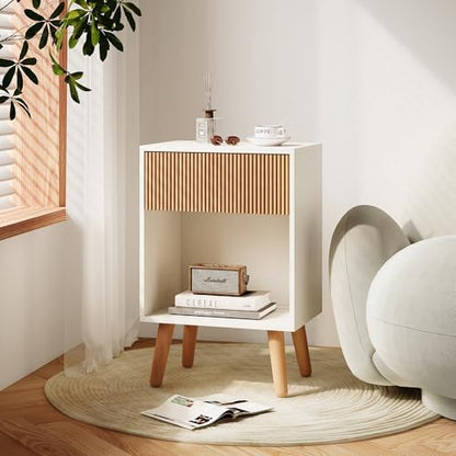 Fluted Nightstand, Modern Bedside Table with Storage Drawers and Open Wood Shelf, Night Stand with Solid Wood Legs, End Tables Side Tables for Living Room, Bedroom