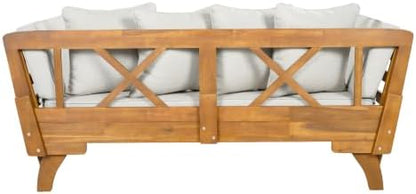 Merax Outdoor Patio Daybed Sofa,3-Seat Sofa with Foldable Arm 4 Back Pillows,Teak Acacia Wood Frame Beige Removable Cushion,Teak+ Beige