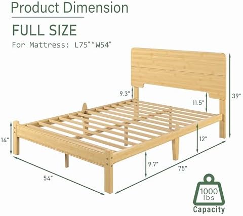 BOSRII 12" Full Size Bamboo Wood Platform Bed Frame with Headboard, Natural