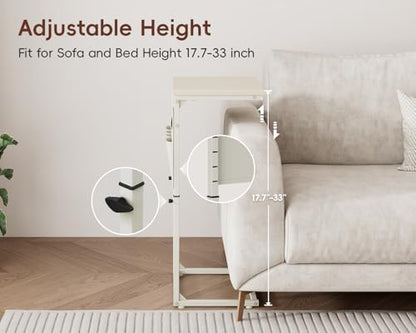 Vagusicc C-Shaped End Table with Charging Station, Small Side Table for Couch, 33" Tall C Table Adjustable Height Side Table, Couch Tables that Slide Under, Sofa Table TV Tray for Living Room, Cream
