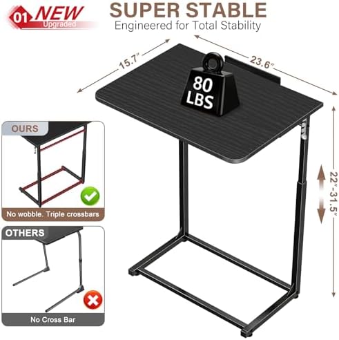 Extra Large Heavy Duty TV Tray Table, 23.6" Folding C-Shaped Laptop Desk for Couch & Bed, Height & Tilt Adjustable Overbed End Table with Phone/Tablet Slot, Easy Clean Black Finish for Small Spaces