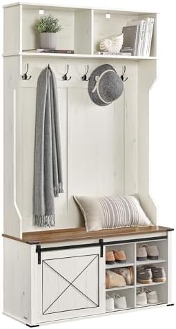 VASAGLE Hall Tree with Bench and Shoe Storage, 6 Tri-Hooks, Sliding Door