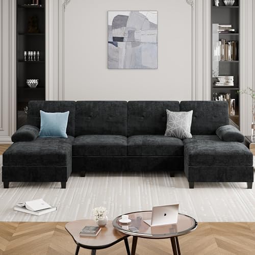Sectional Couches for Living Room, 106 in U Shaped Couch Soft Sectional Sofa with Double Chaise, Comfortable 4 Seat Couch (Black)