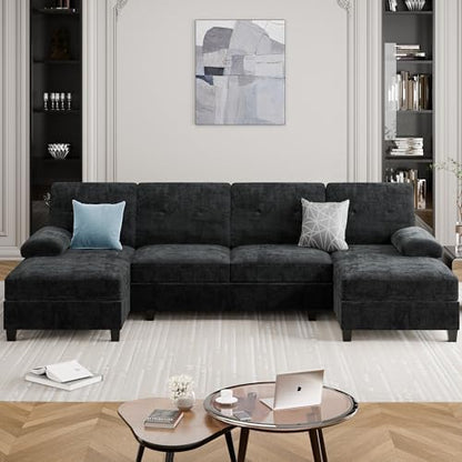 Sectional Couches for Living Room, 106 in U Shaped Couch Soft Sectional Sofa with Double Chaise, Comfortable 4 Seat Couch (Black)