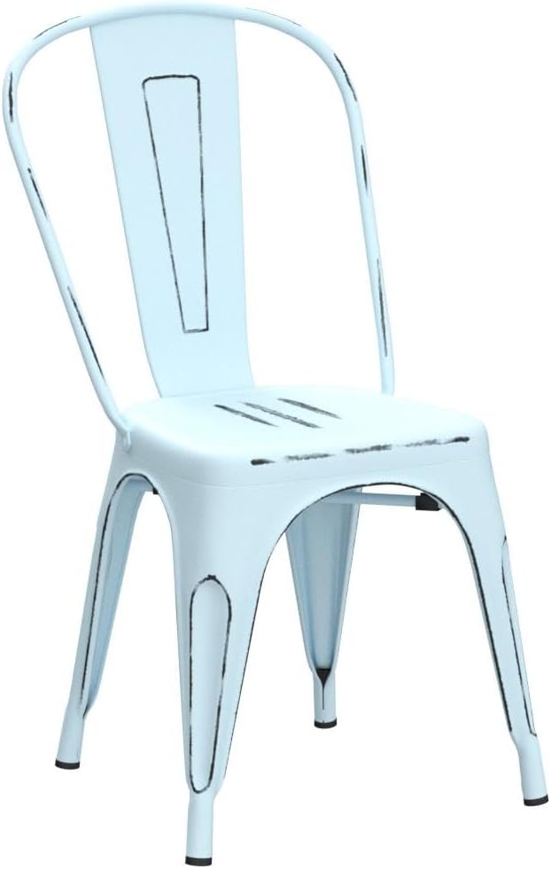 Furmax Metal Dining Chair Indoor Outdoor Use Stackable Chic Side Classic Trattoria Metal Chairs Set of 4 for Kitchen, Dining Room, Bistro and Cafe (Distressed Blue)