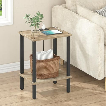 TUTOTAK End Table with Charging Station, Small Side Table with Outlets, Nightstand Bedside Table, 2-Tier Storage Shelf for Small Space, Living Room, Bedroom, Greige TB01BG040