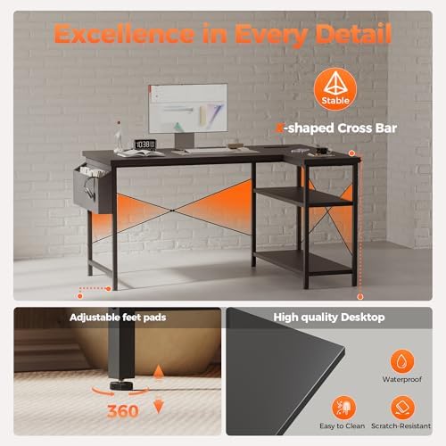 Mericonia 55 inch L Shaped Gaming Desk, Large Corner Desk with Shelves