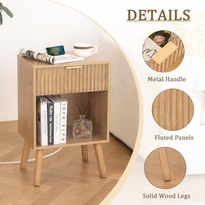 Wood Nightstand with Charging Station, Fluted Bedside Table