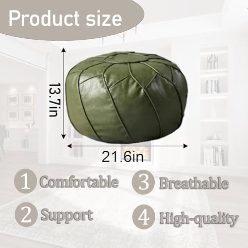 Louis Donné Handmade Moroccan Boho Chic Eco-Friendly Waterproof Faux Leather Unstuffed Pouf Ottoman Cover,Round Storage DIY Foot Rest, Ethnic Decorative Accent for Living Room Bedroom（Green）