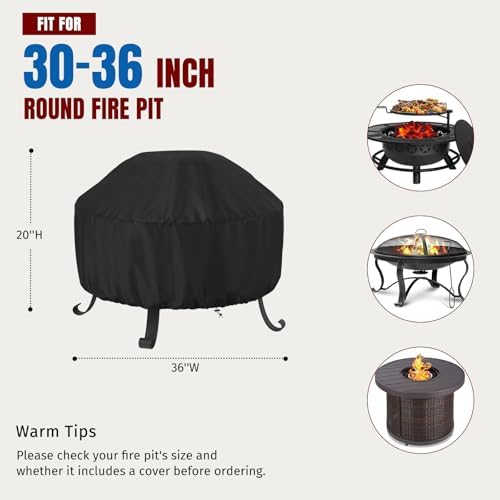 SHINESTAR Fire Pit Cover Round 36 In, Outdoor Fire Pit Cover for 30-36 Inches Fire Pits, Windproof Drawstring & Waterproof Layer, Black