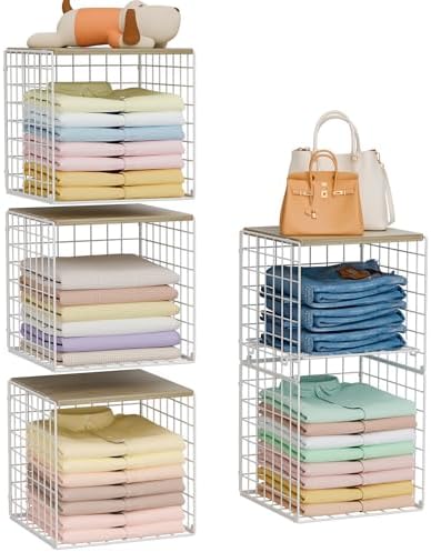 5PCS Stackable Closet Organizers and Storage, Closet Shelves with Wood Top Extra Storage, Clothes Storage Organizer Basket Bin/Cube for Home Wardrobe Organization(White-Sturdy Metal)