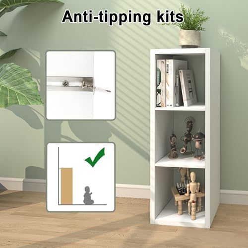CTESNE【2026 Wooden Thick Frame 3 Cube Storage Organizer Shelf with Anti-Tipping Kits + Reversible Open Back Bookcase, Horizontal and Vertical Dual-use（White,11inch）
