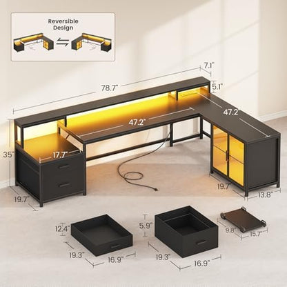 SEDETA 78.7” Large L Shaped Gaming Desk with Drawers, LED Light