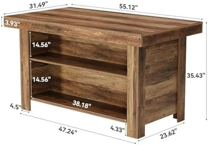 LITTLE TREE 55 Inches Kitchen Island with Storage, 3-Tier Farmhouse Wooden Stationary Island Table with Large Worktop & Leg Room, Modern Coffee Bar Table with Storage Shelf for Kitchen, Rustic Brown