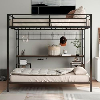 Bellemave Full Over Twin bunk Bed with Desk, loft Bed with Desk and Shelves, Full Over Twin Metal Bunk Beds with Charging Station, Black & Cinnamon Oak