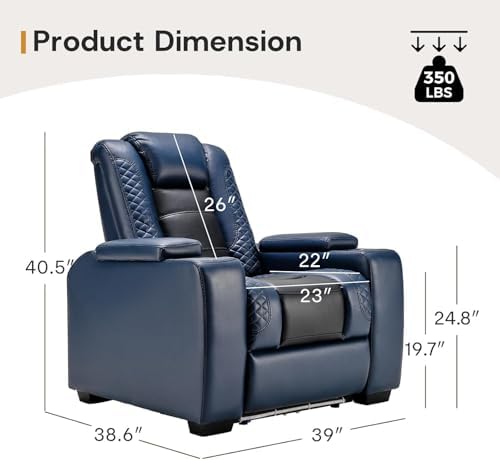 ANJ Power Home Theater Seating Set of 3, Blue Faux Leather Electric Recliner Chair with Adjustable Headrest, Dual Motors Movie Reclining Chairs with LED Lights,USB port,Cup Holders, Hidden Arm Storage