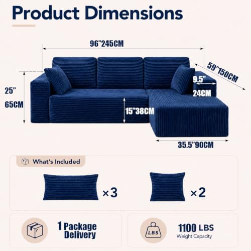 96" Modular Boneless Couch, L Sectional Couches for Living Room