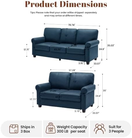 Kingfun Faux Leather Sofa Set,Loveseat and 3-Seater,RoyalBlue