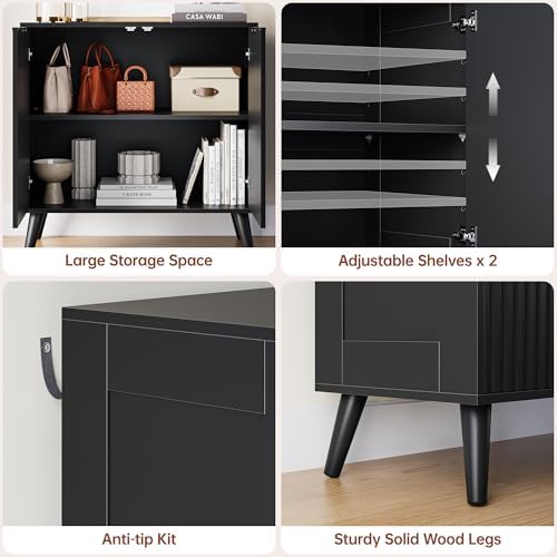 Black Sideboard Buffet Cabinet with Storage, 2 Doors Modern Fluted Buffet Cabinet for Living Room, Accent Credenza with Adjustable Shelves Entryway Storage Cabinets for Kitchen
