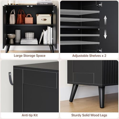 Black Sideboard Buffet Cabinet with Storage, 2 Doors Modern Fluted Buffet Cabinet for Living Room, Accent Credenza with Adjustable Shelves Entryway Storage Cabinets for Kitchen