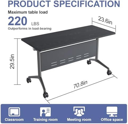 Folding Conference Table, Conference Room Tables with Wheels Foldable Large Rectangle Meeting Seminar Table for 6-12 People, Flip Top Mobile Training Table for Office Classr (4, Black 5, 70.8in)