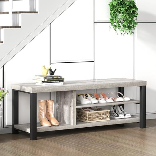 Storage Bench, Vintage Wood Shoe Bench for Entryway Hallway, Industrial Indoor Shoe Rack Seat for Bedroom, Living Room, Light Grey, 43.3 Inch