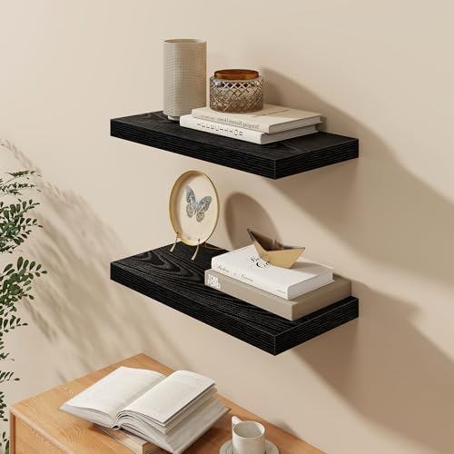 Black Floating Shelves 24 Inch Long, 9.3 Inch Deep Floating Shelf for Lving Room, Bedoom, Kitchen, Deep Wall Shelves for Bathroom, 2 Pack Storage Display Shelf for Books, Decors