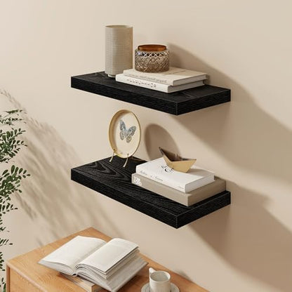 Black Floating Shelves 24 Inch Long, 9.3 Inch Deep Floating Shelf for Lving Room, Bedoom, Kitchen, Deep Wall Shelves for Bathroom, 2 Pack Storage Display Shelf for Books, Decors