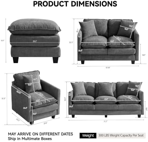Cloud 3 Pieces Sofa Set, 1+1+2 Seater Couch, Modern Sofas Sets with Deep Seat, Modular Sectional Couches Sets for Living Room, Bedroom, Small Apartment, Dark Grey