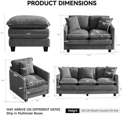 Cloud 3 Pieces Sofa Set, 1+1+2 Seater Couch, Modern Sofas Sets with Deep Seat, Modular Sectional Couches Sets for Living Room, Bedroom, Small Apartment, Dark Grey
