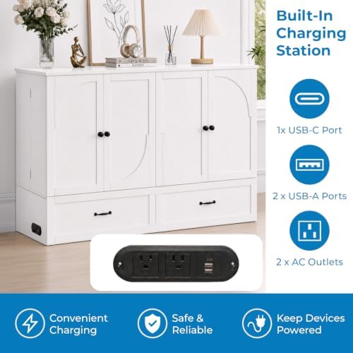 Mjkone Queen Murphy Bed Cabinet with Charging Station & Storage, White