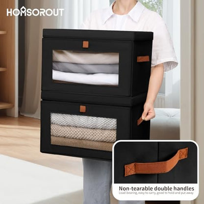 Collapsible Storage Bins - Large Stackable Organizer Bins, Decorative Boxes with Handles & Window, Fabric Containers for Living Room, Closet, Dorm, 4 Pack, Black