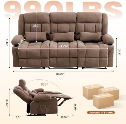 MAHOMICO Reclining Sofa with Cup Holders for Living Room 3 Seat Manual Sofa Recliner with Side Pocket