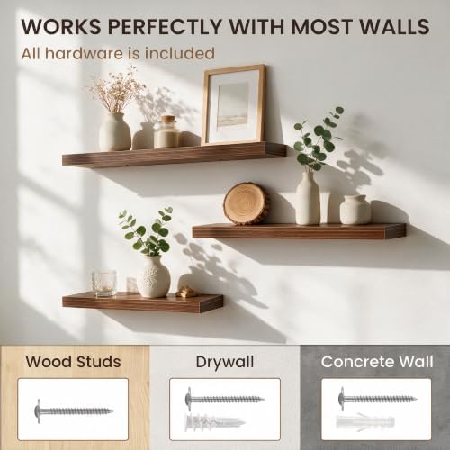 FLYJOE 55 Inch Floating Shelves, 6.5 Inch Deep Walnut Shelves Set of 2