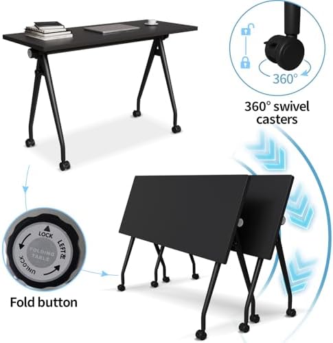 Folding Conference Table, Conference Room Tables with Wheels Foldable Large Rectangle Meeting Seminar Table for 6-12 People, Flip Top Mobile Training Table for Office Classr (4, Black 3, 55.1in)
