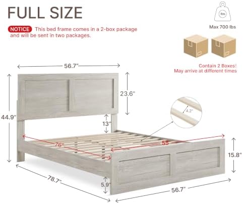 KISLOT Wood Bed Frame with Headboard and Footboard, Light Gray, Full