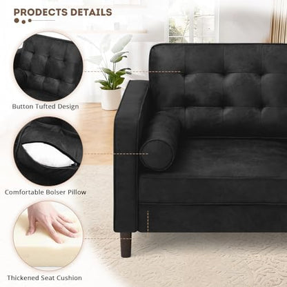84" Suede Leather Modern Sofa with Bolster Pillows, Black