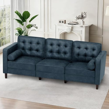 84" Suede Leather Sofa with 2 Soft Pillows, Blue