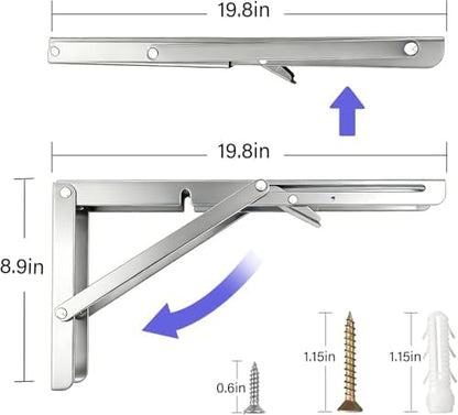 Stainless Steel Folding Shelf Brackets 20 Inch - Heavy Duty Wall Mount Brackets for Foldable Table, Collapsible Space-Saving Shelf Hinge, Rust-Resistant for Indoor Outdoor Use