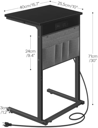 HOOBRO C Shaped End Table with Charging Station, Slide Under Couch Table