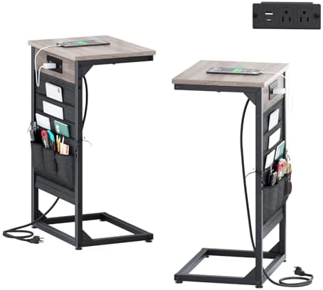 C-Shaped End Tables Set of 2, Small Couch Side Table with Fast-Charging Station, Sofa TV Tray Table with Storage Bag for Living Room, Bedroom, Bedside ET-GY-W2