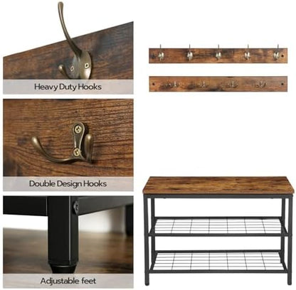 HOOBRO Hall Tree with Bench, Coat Rack Shoe Bench Set, Entryway Shoe Rack with Coat Hooks, Hall Tree Coat Rack, Mud Room, Industrial, for Foyer, Front Door, Rustic Brown BF07MT01