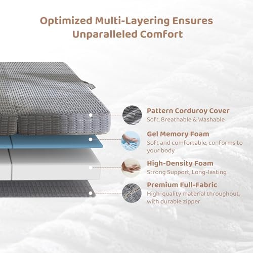 BYBYME Corduroy Memory Foam Tri-Folding Mattress, 6 Inch Gel Folding Mattress Topper, Foldable Soft Guest Bed Camping Pad, Washable Cover (Grey, Full)