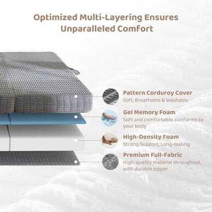 BYBYME Corduroy Memory Foam Tri-Folding Mattress, 6 Inch Gel Folding Mattress Topper, Foldable Soft Guest Bed Camping Pad, Washable Cover (Grey, Full)