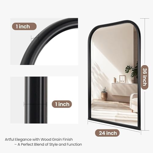 Arch Wall Mirror for Wall Mounted, Tempered Glass, Wood Grain Finish Frame Wall Mirror Decorative for Bedroom Living Room Vanity Mirror (Black, 36" L x 24" W)