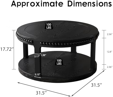 Round Wood Coffee Table, Farmhouse Rustic Circle Coffee Tables, 2-Tier Solid Wood Coffee Table for Living Room Apartment Office-31.5'' Black