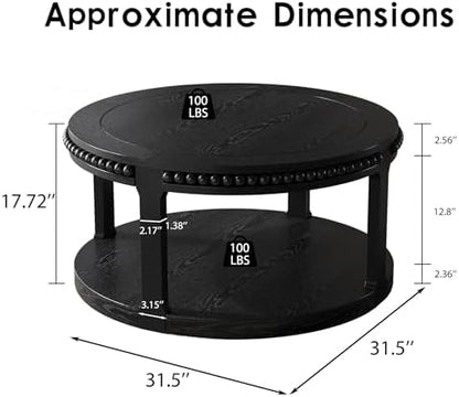 Round Wood Coffee Table, Farmhouse Rustic Circle Coffee Tables, 2-Tier Solid Wood Coffee Table for Living Room Apartment Office-31.5'' Black