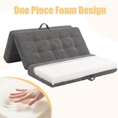 6 Inch Tri-Fold Corduroy Folding Sofa Bed, Queen Size Foldable Floor Mattress with Carry Handles, Sofa Bed for Floor, Couch for Living Room, Camping, Dorm, Yoga (Queen)