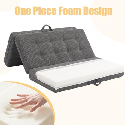 6 Inch Tri-Fold Corduroy Folding Sofa Bed, Queen Size Foldable Floor Mattress with Carry Handles, Sofa Bed for Floor, Couch for Living Room, Camping, Dorm, Yoga (Queen)