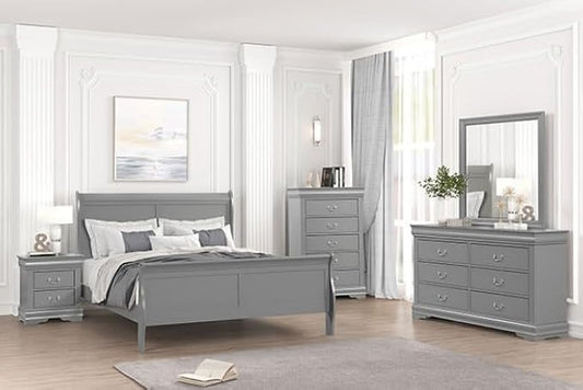 First of a Kind Louis Philippe Traditional Queen Size Bedroom Set 5 Piece Sleigh Design in Gray Finish - Elegant Modern Classic Solid Wood Bedroom Furniture Set